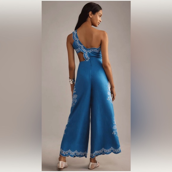 FARM Rio Anthropologie One Shoulder Cut Out Embroidered Linen Jumpsuit Blue M - Picture 6 of 11